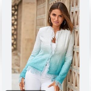 NWOT Boston Proper Teal White Ombre Frayed Tweed Long Sleeve Blazer Suit Jacket